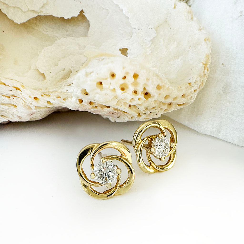 Celtic Twist White Diamond Yellow Gold Stud Earrings