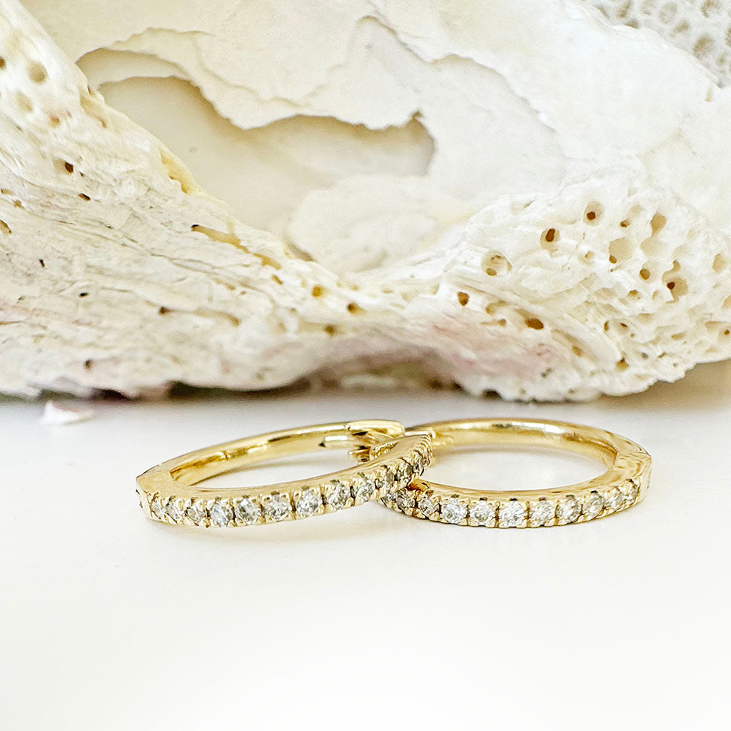 Delicate White Diamond Hoop Yellow Gold Earrings