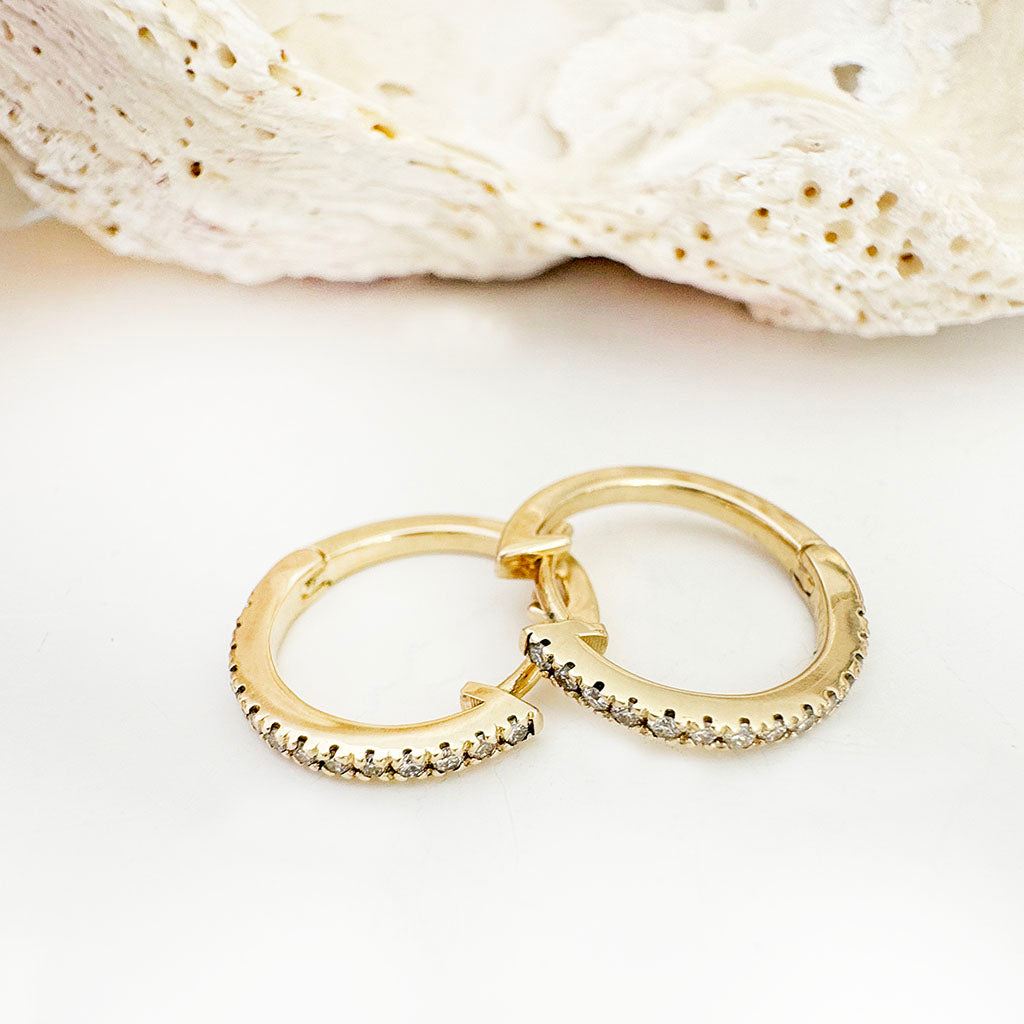 Delicate White Diamond Hoop Yellow Gold Earrings