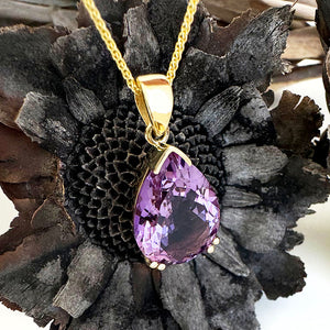 Classic Pear Cut Double Claw Amethyst Yellow Gold Pendant