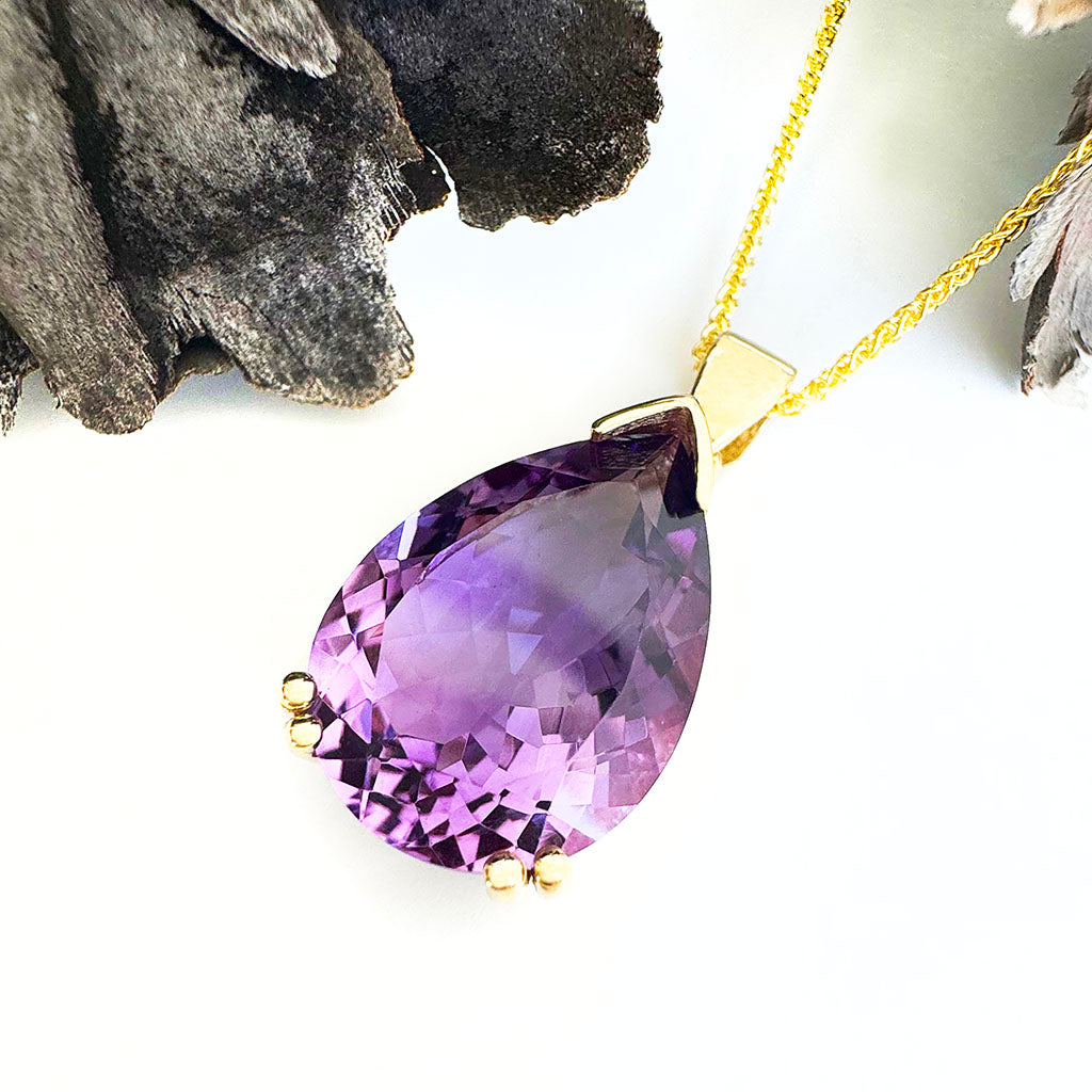 Classic Pear Cut Double Claw Amethyst Yellow Gold Pendant