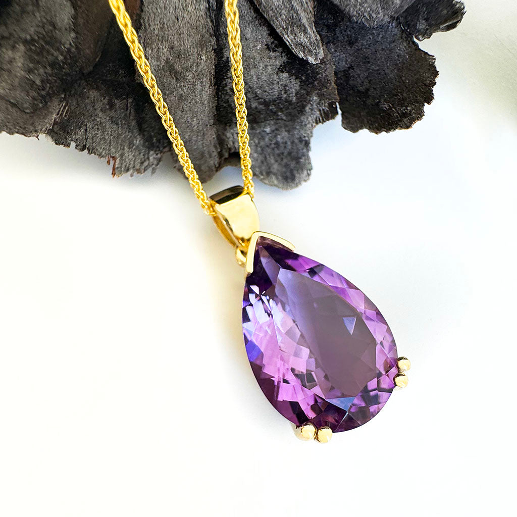 Classic Pear Cut Double Claw Amethyst Yellow Gold Pendant