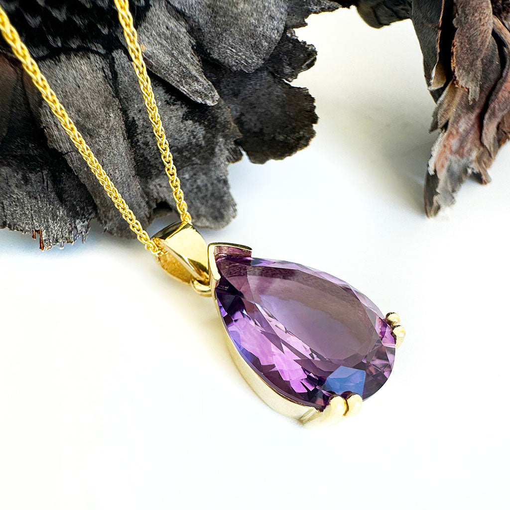 Classic Pear Cut Double Claw Amethyst Yellow Gold Pendant