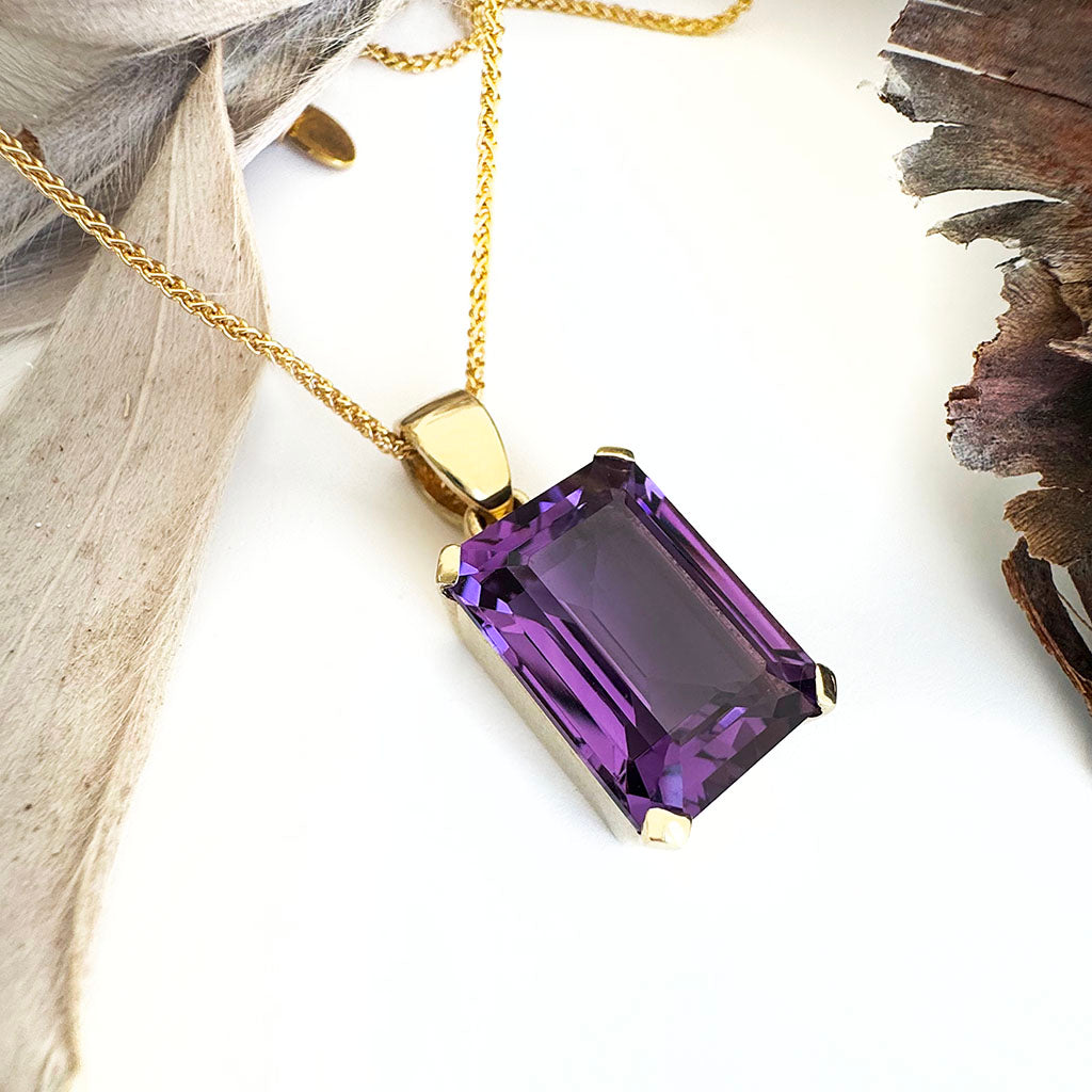 Solid Classic Emerald Cut Amethyst Yellow Gold Pendant