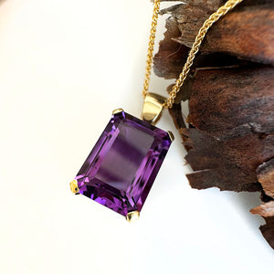 Solid Classic Emerald Cut Amethyst Yellow Gold Pendant