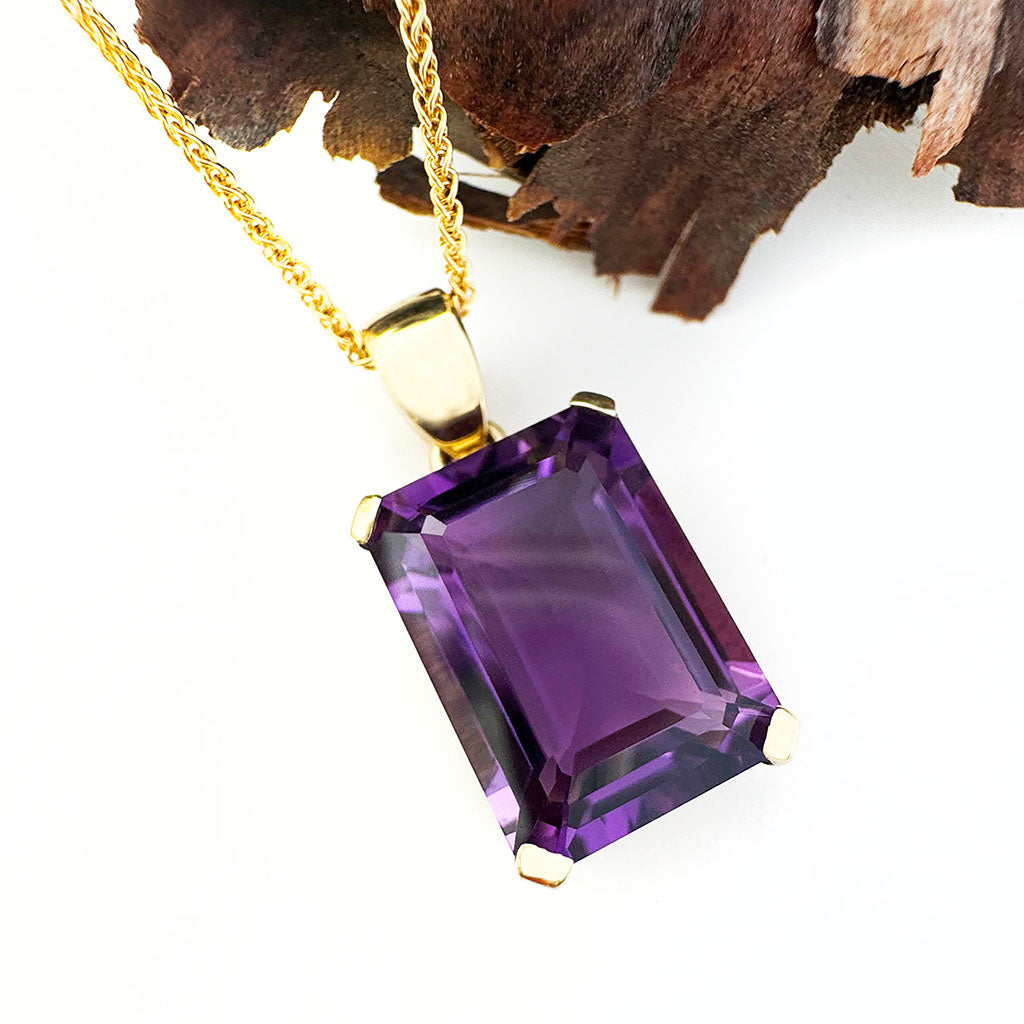 Solid Classic Emerald Cut Amethyst Yellow Gold Pendant