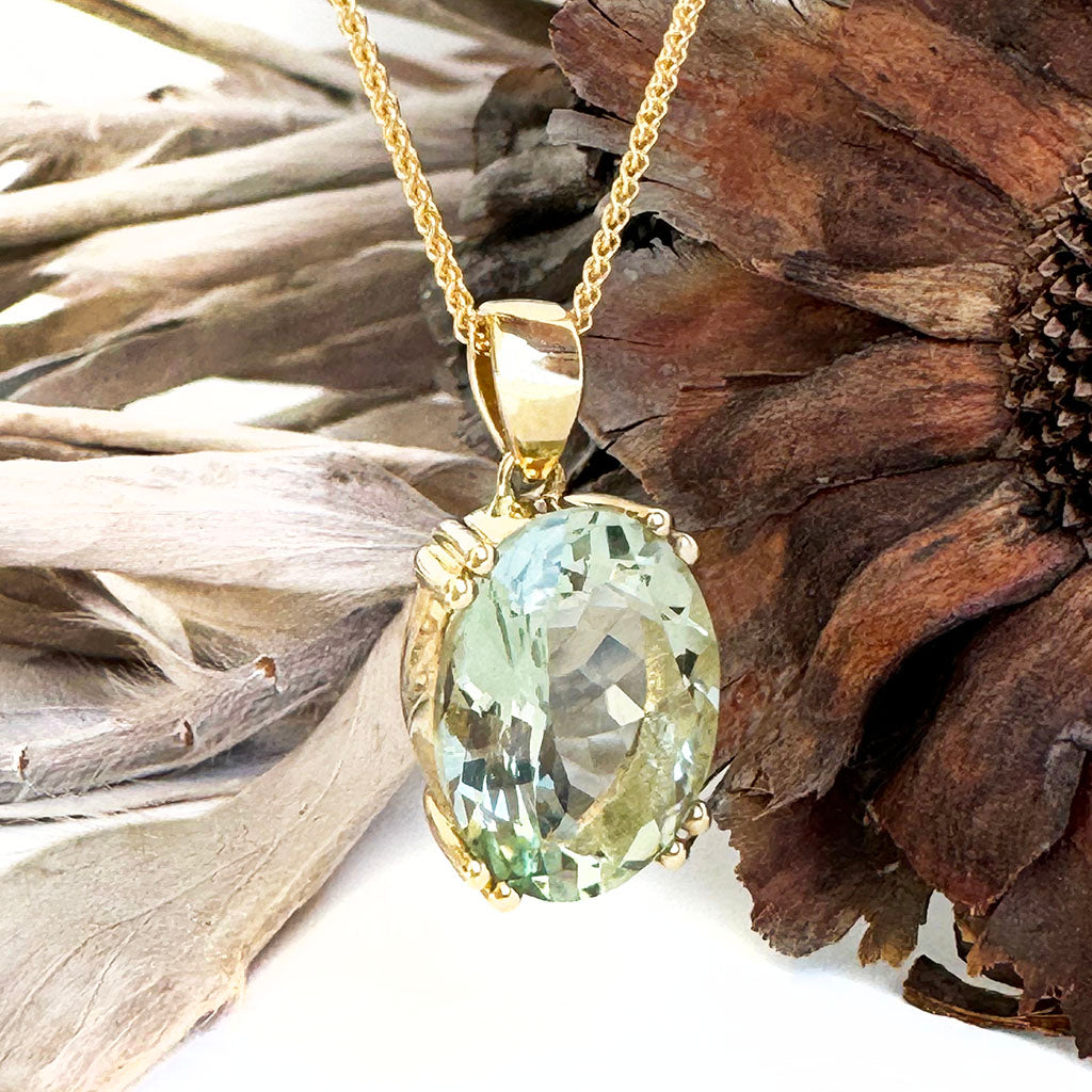 Classic Oval Cut Double Claw Green Amethyst Yellow Gold Pendant