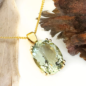 Classic Oval Cut Double Claw Green Amethyst Yellow Gold Pendant