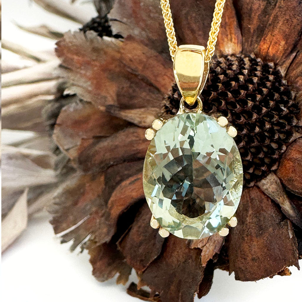 Classic Oval Cut Double Claw Green Amethyst Yellow Gold Pendant