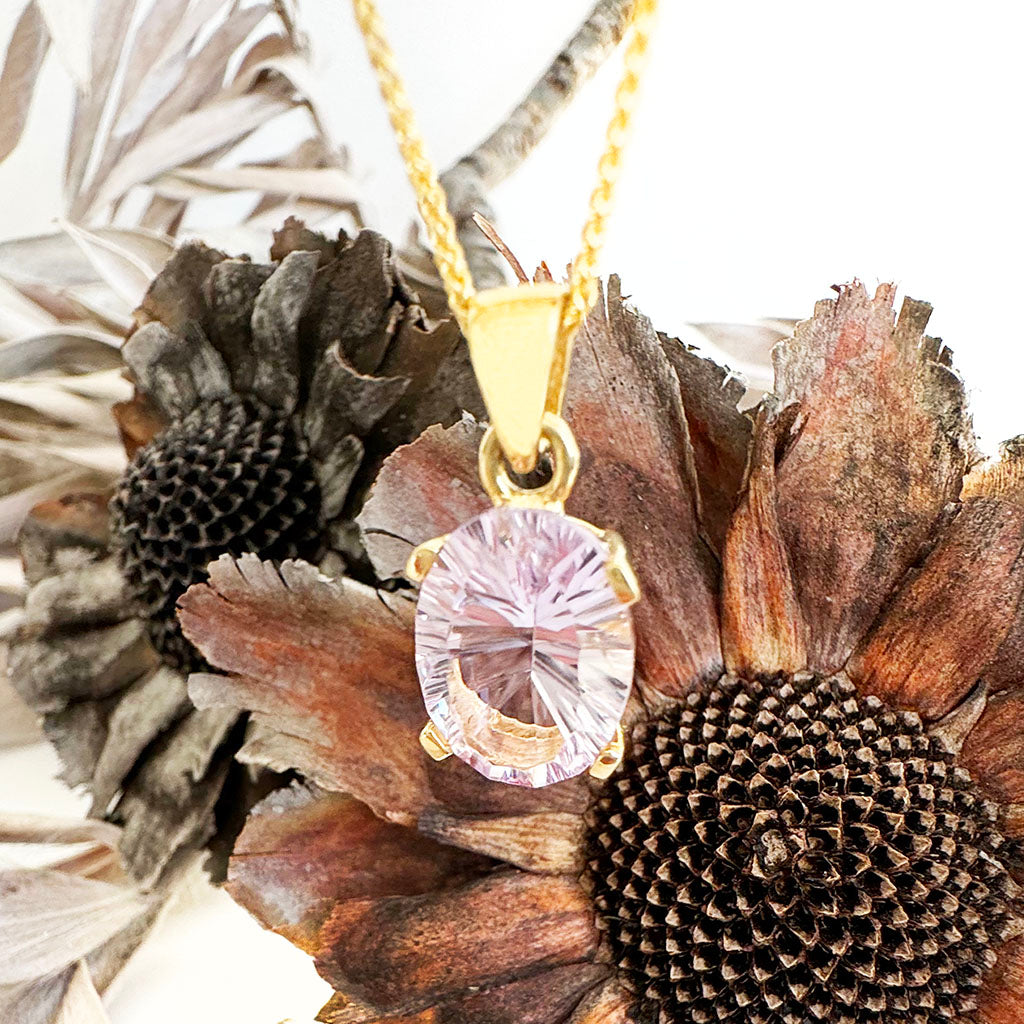 Striking Laser Cut Oval Pink Amethyst Yellow Gold Pendant