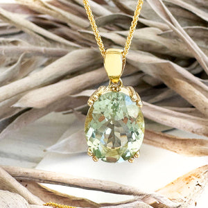 Classic Oval Cut Double Claw Green Amethyst Yellow Gold Pendant