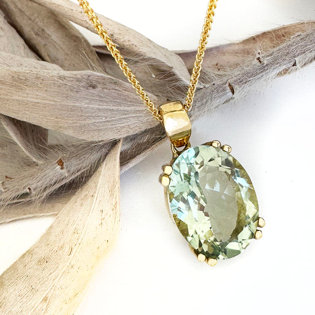 Classic Oval Cut Double Claw Green Amethyst Yellow Gold Pendant