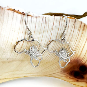 Map of Africa Silver Protea Drop Earrings