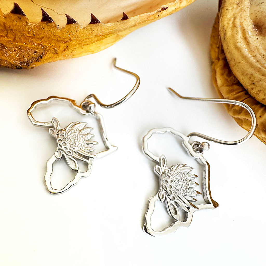 Map of Africa Silver Protea Drop Earrings