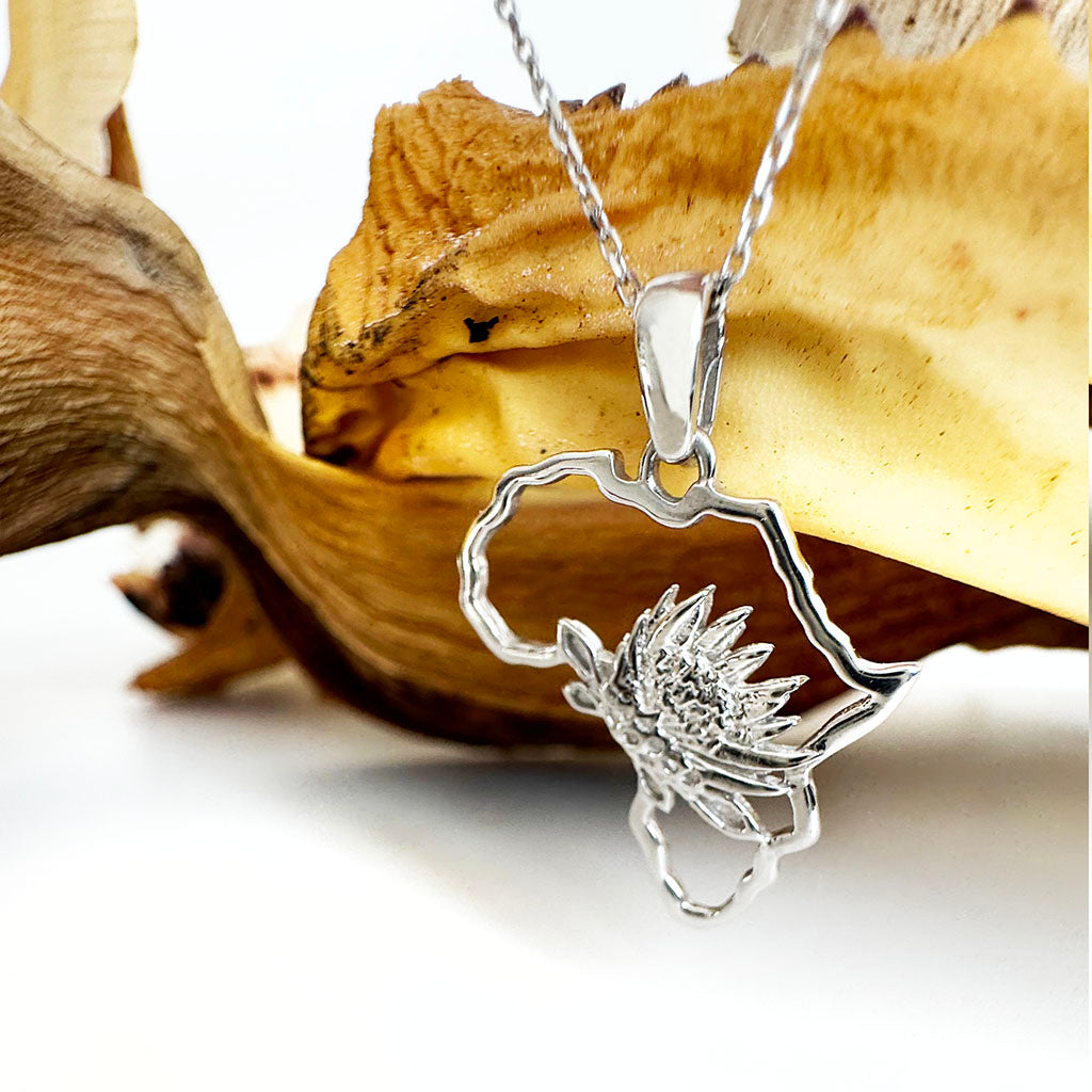 Map of Africa White Gold Protea Pendant