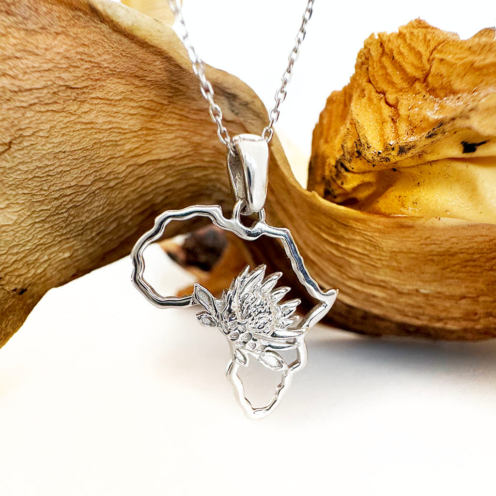 Map of Africa White Gold Protea Pendant