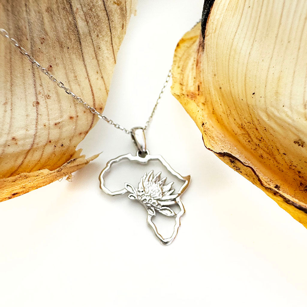 Map of Africa White Gold Protea Pendant