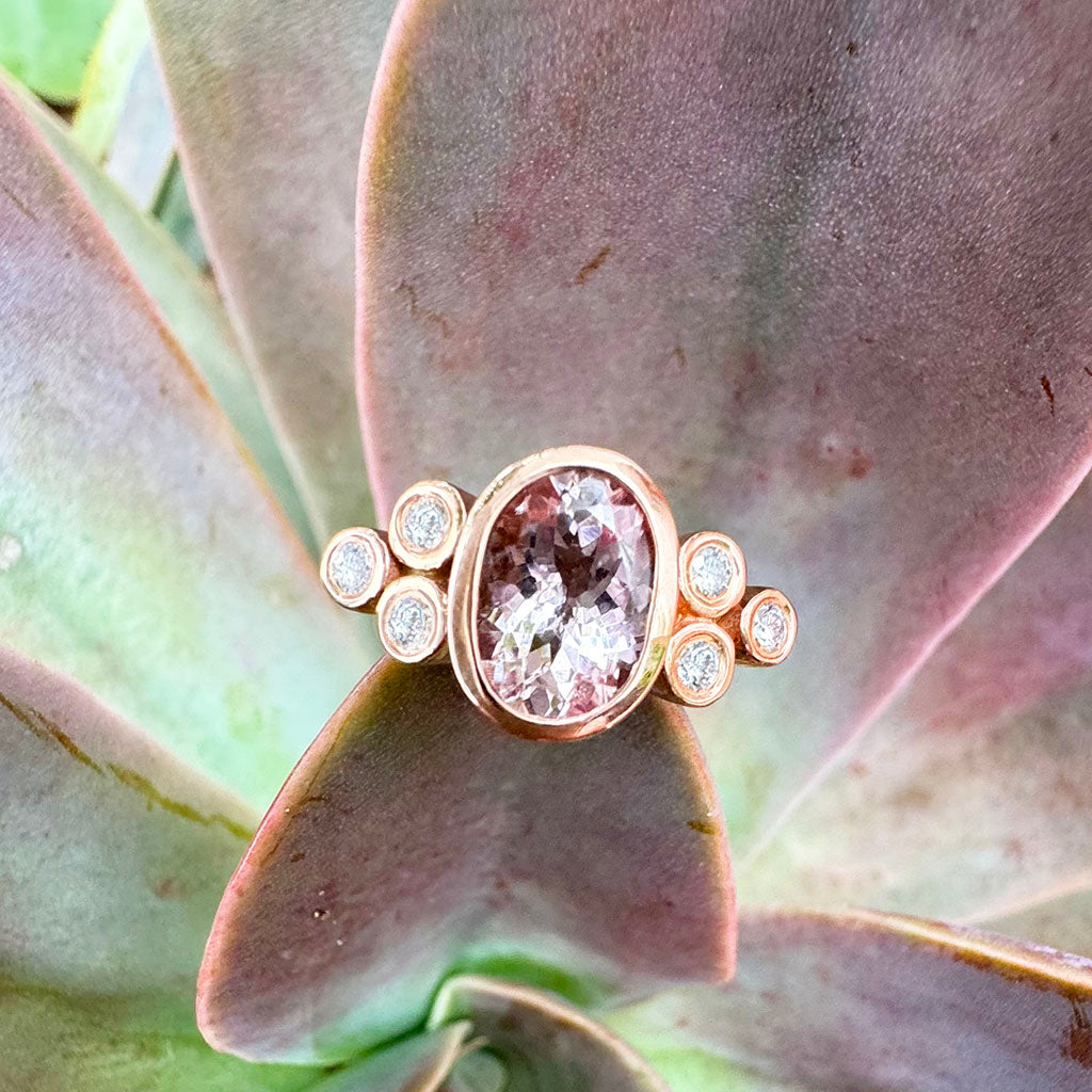 Oval Rose Gold Morganite Ring with Double Diamond Shoulder Trilogy Accents