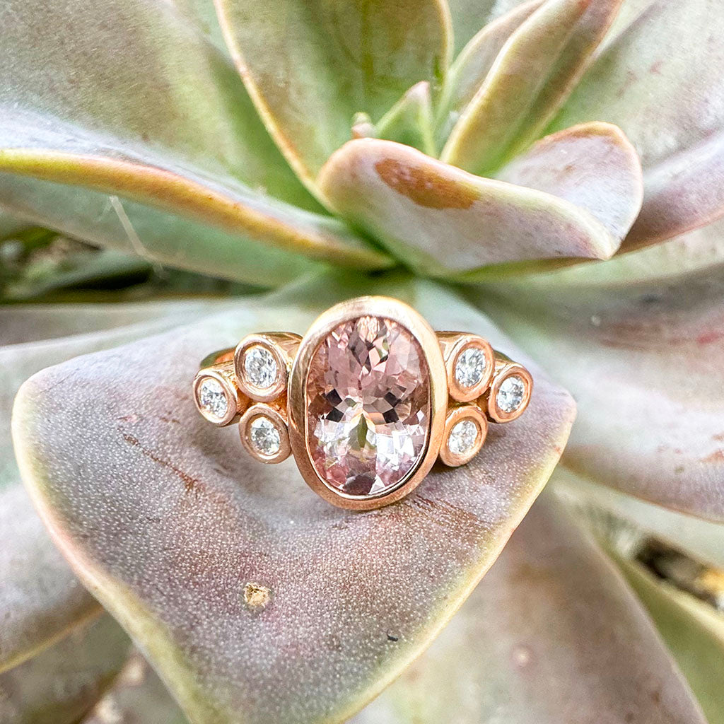 Oval Rose Gold Morganite Ring with Double Diamond Shoulder Trilogy Accents