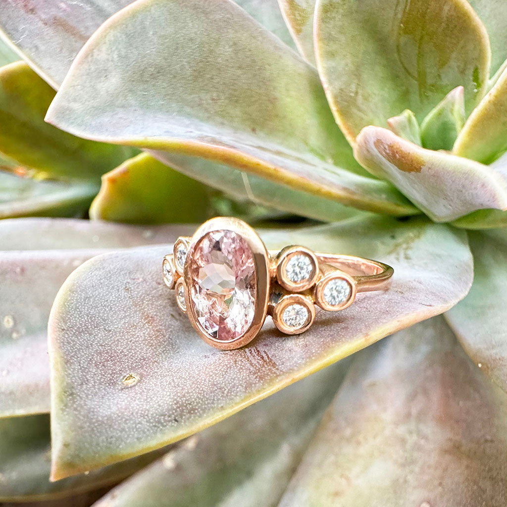 Oval Rose Gold Morganite Ring with Double Diamond Shoulder Trilogy Accents