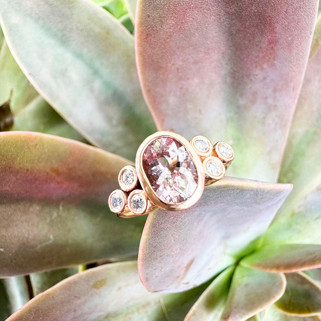 Oval Rose Gold Morganite Ring with Double Diamond Shoulder Trilogy Accents