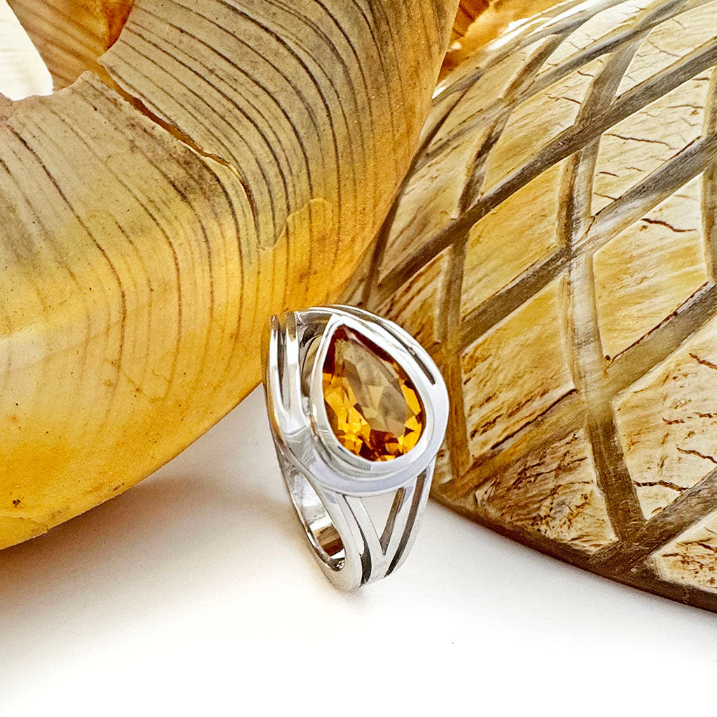 Looped Double Band Pear Cut Citrine Ring