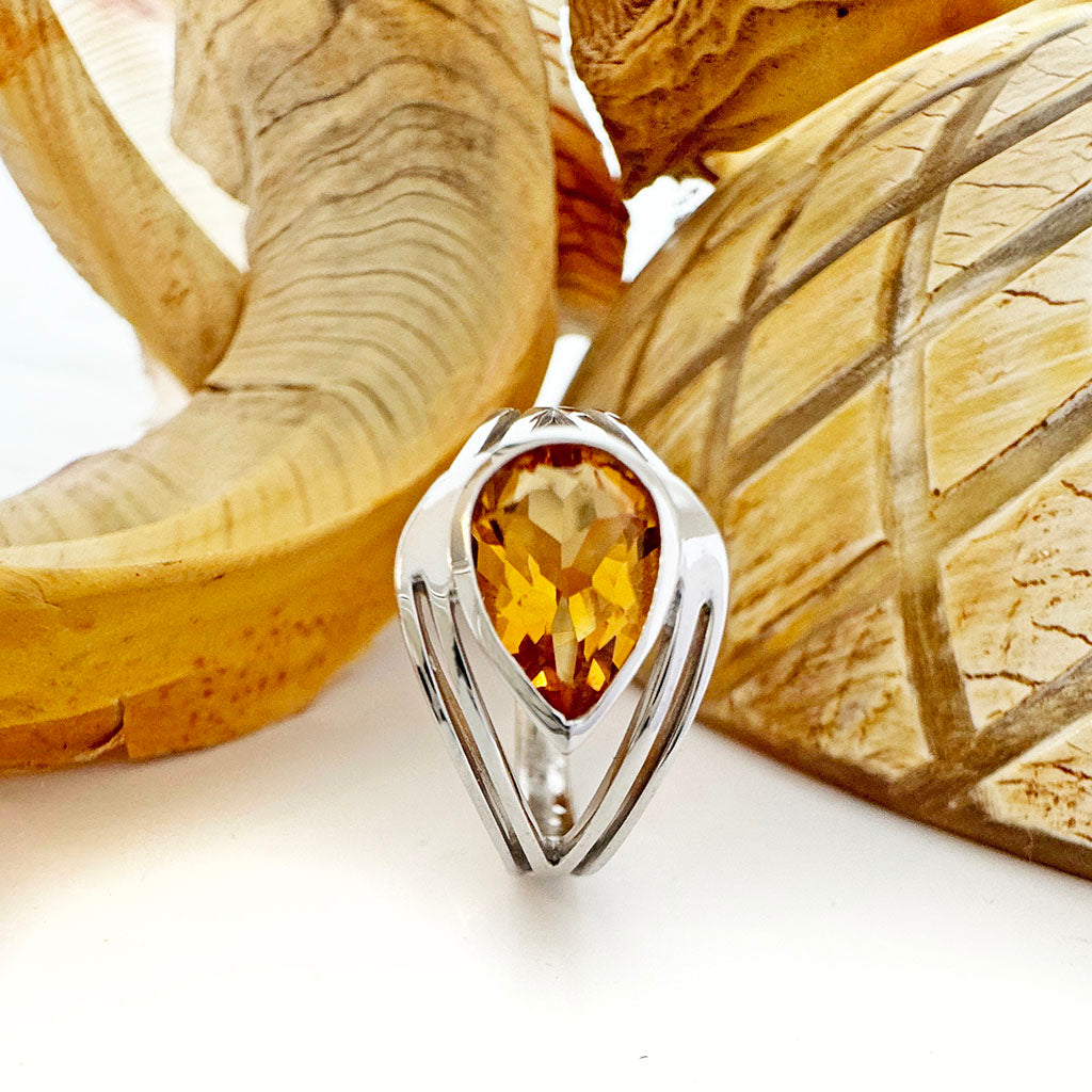 Looped Double Band Pear Cut Citrine Ring