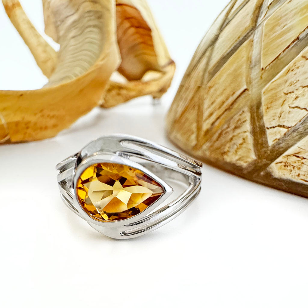 Looped Double Band Pear Cut Citrine Ring