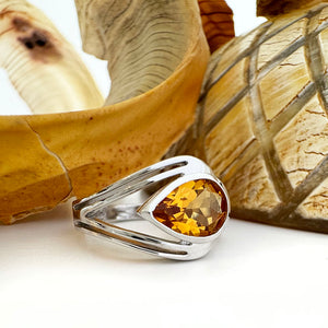 Looped Double Band Pear Cut Citrine Ring