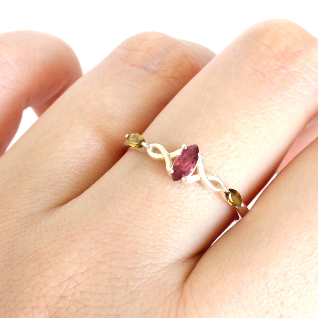 Infinity Marquise Dark Pink and Green Tourmaline Silver Ring