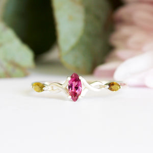 Infinity Marquise Dark Pink and Green Tourmaline Silver Ring