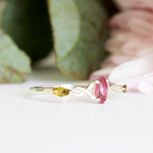 Infinity Marquise Dark Pink and Green Tourmaline Silver Ring