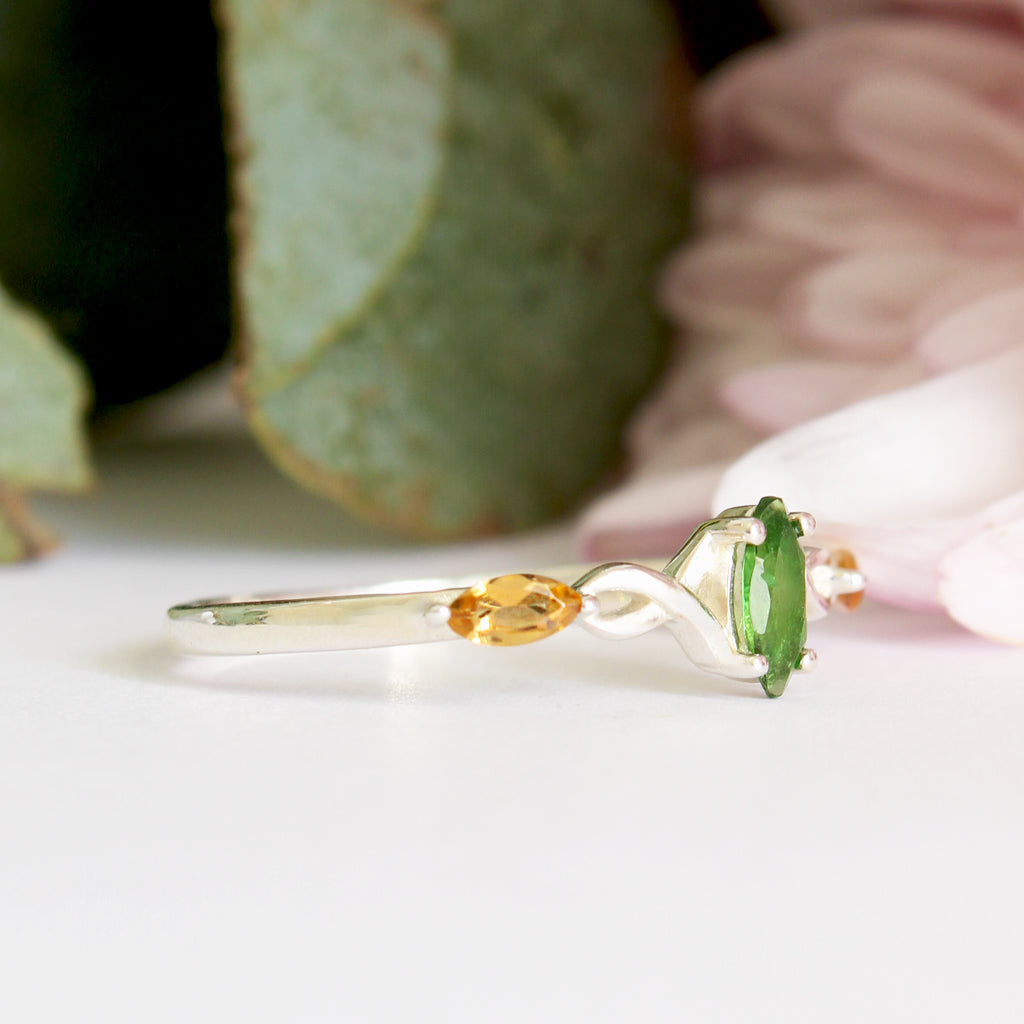 Infinity Marquise Green and Yellow Tourmaline Silver Ring