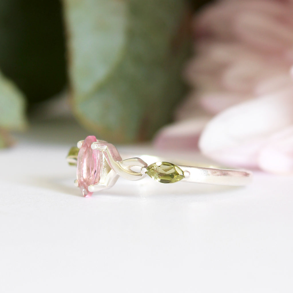 Infinity Marquise Pink and Green Tourmaline Silver Ring