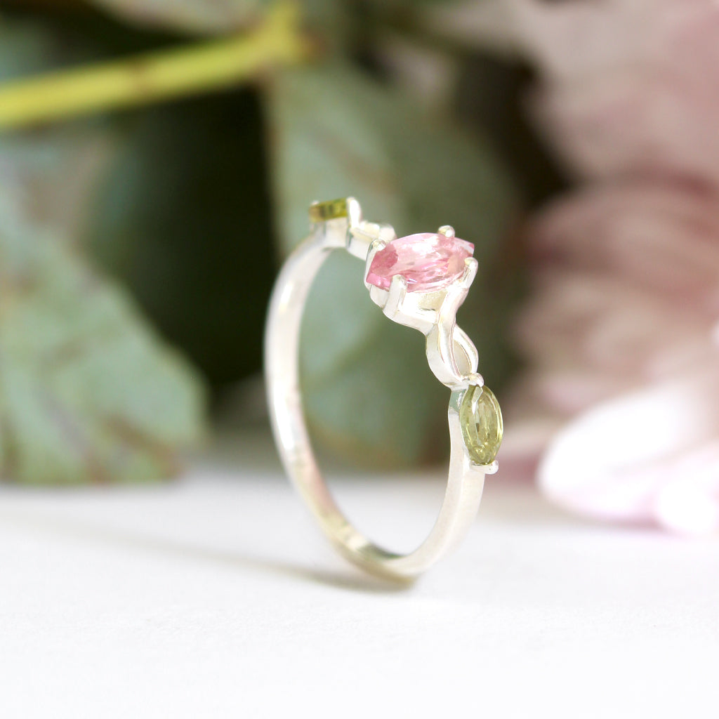 Infinity Marquise Pink and Green Tourmaline Silver Ring