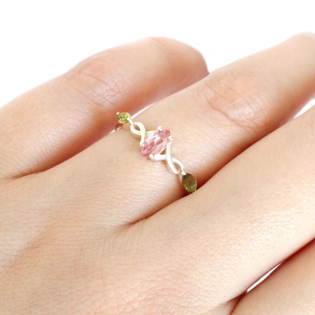 Infinity Marquise Pink and Green Tourmaline Silver Ring