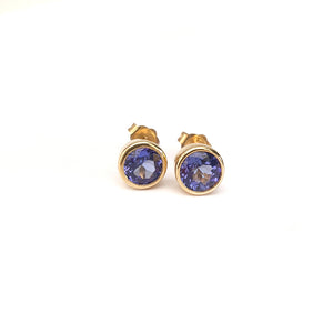 Classic Round Cut Tanzanite Yellow Gold Bezel Set Studs