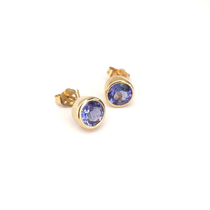 Classic Round Cut Tanzanite Yellow Gold Bezel Set Studs