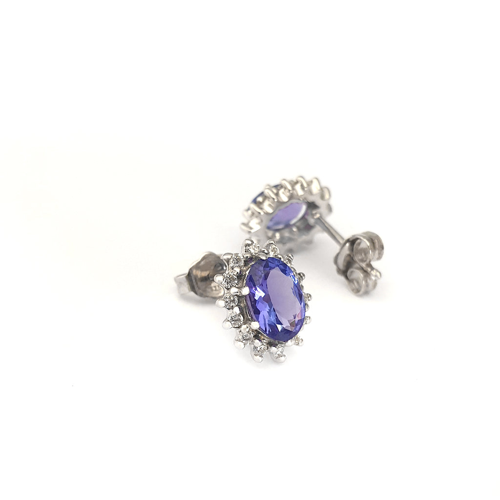 Regal Oval Diamond Halo Tanzanite White Gold Studs