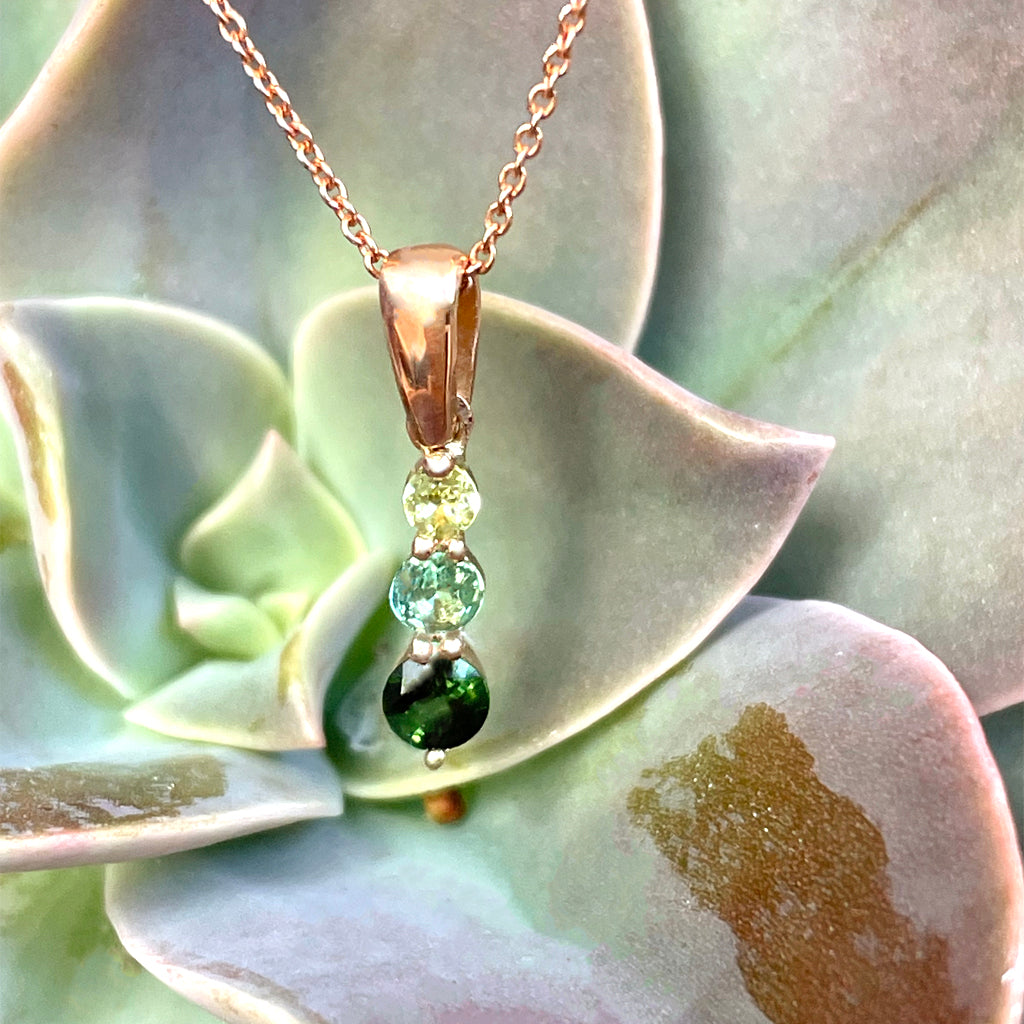 Petite Trilogy Stripe Peridot and Tourmaline Rose Gold Pendant