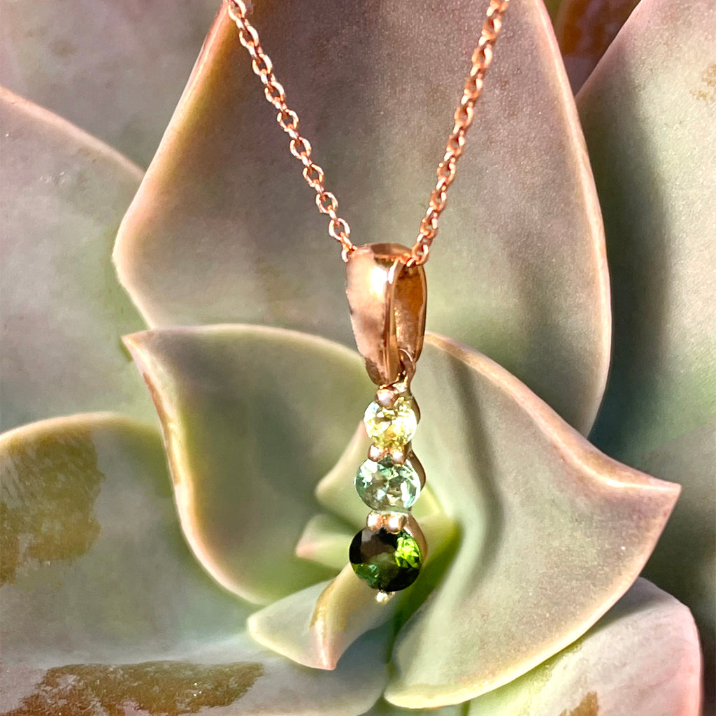 Petite Trilogy Stripe Peridot and Tourmaline Rose Gold Pendant