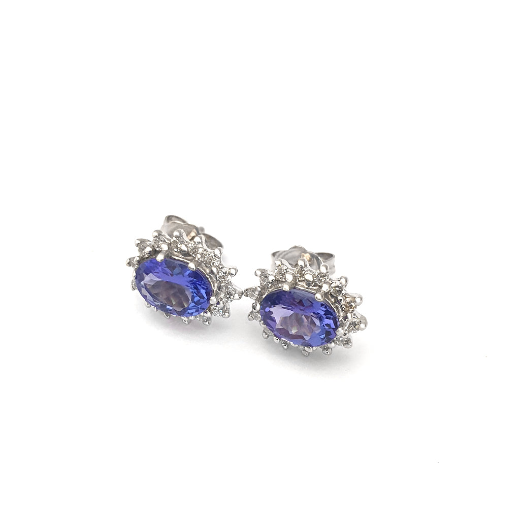 Regal Oval Diamond Halo Tanzanite White Gold Studs