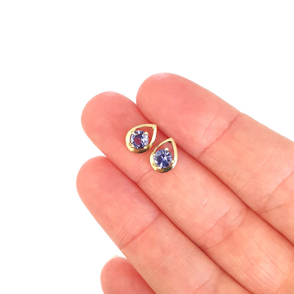 Petite Yellow Gold Droplet Tanzanite Studs