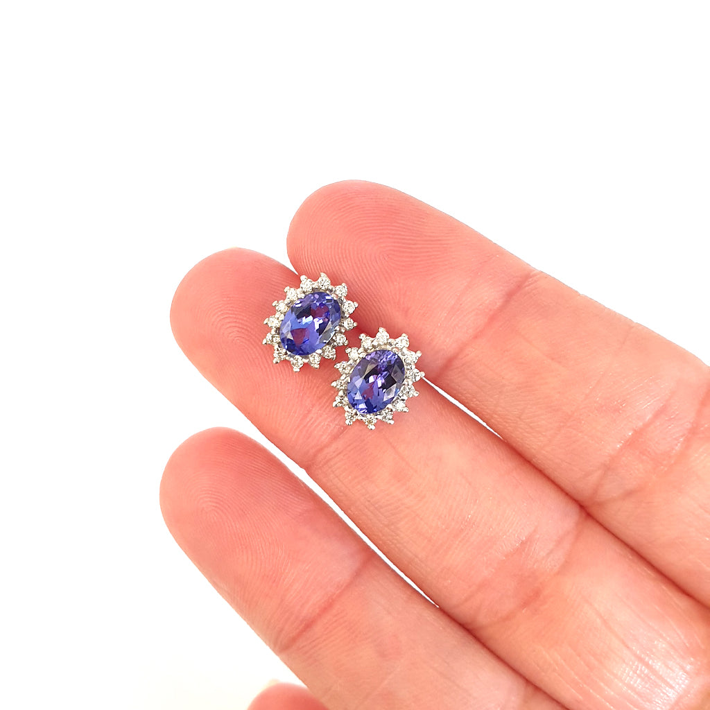 Regal Oval Diamond Halo Tanzanite White Gold Studs