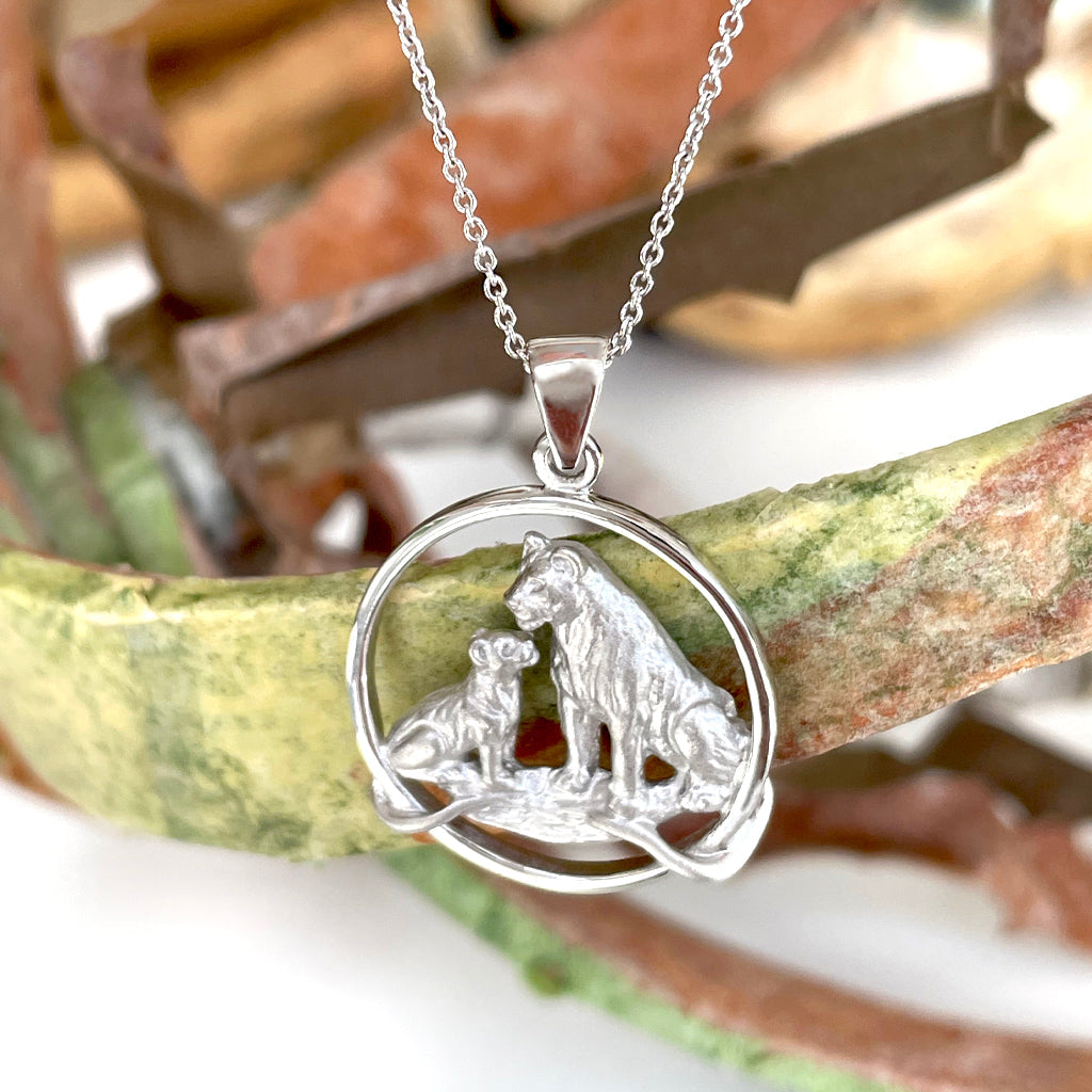 Loving Lioness and Cub White Gold Pendant