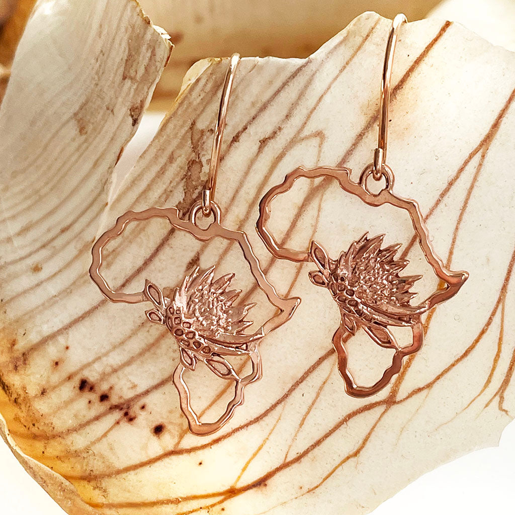 Rose Gold Protea Africa Map Earrings