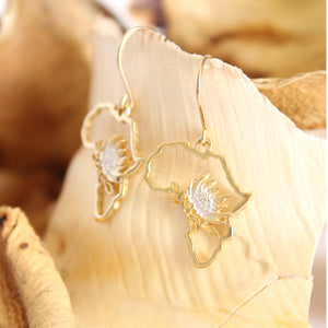 Map of Africa Yellow Gold and White Gold Plated Protea Drop Earrings