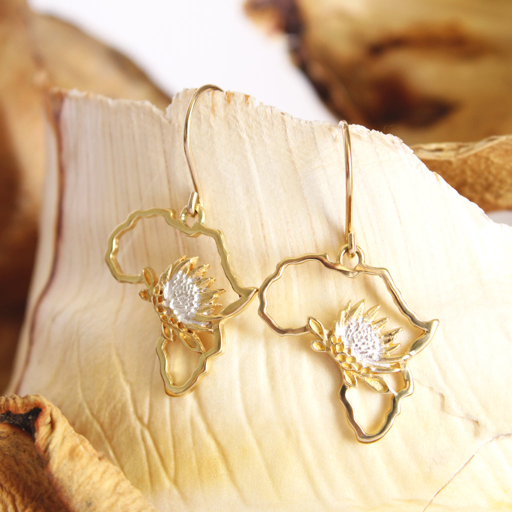 Map of Africa Yellow Gold and White Gold Plated Protea Drop Earrings