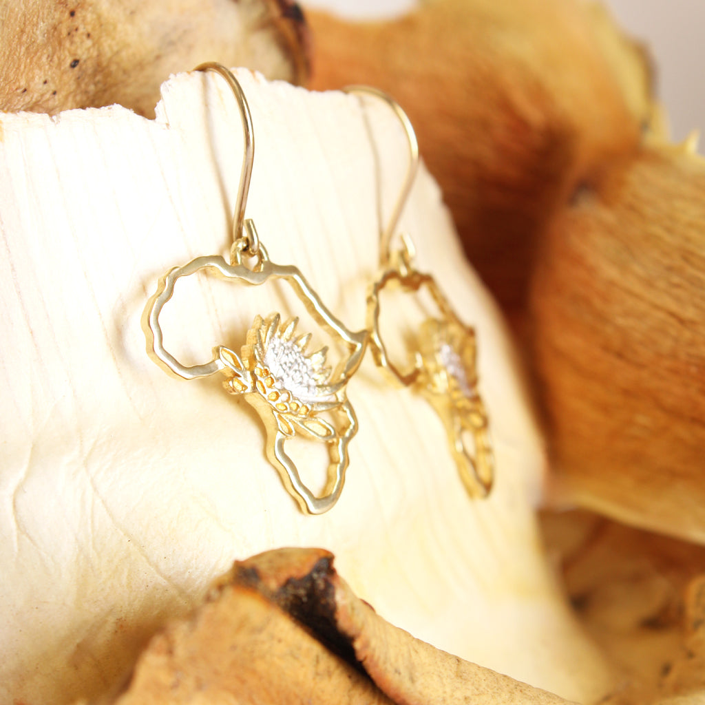 Map of Africa Yellow Gold and White Gold Plated Protea Drop Earrings