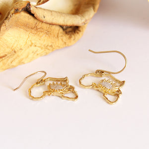 Map of Africa Yellow Gold and White Gold Plated Protea Drop Earrings